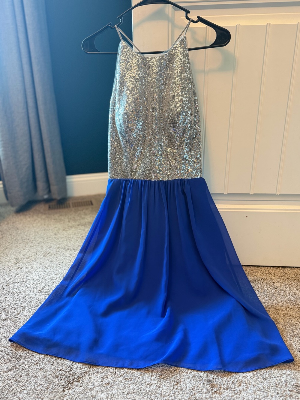 Silver Sequin & Royal Blue Halter Evening Dress